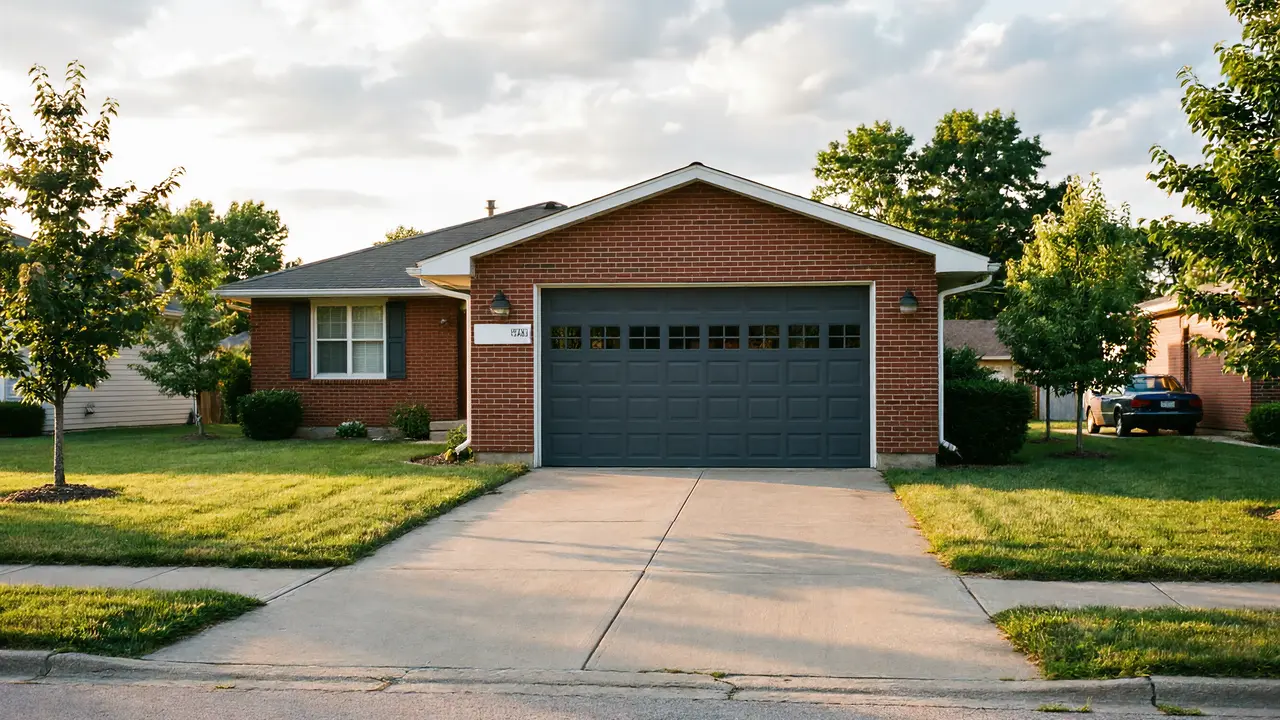 A brick house has a dark gray garage door with windows and a concrete driveway.