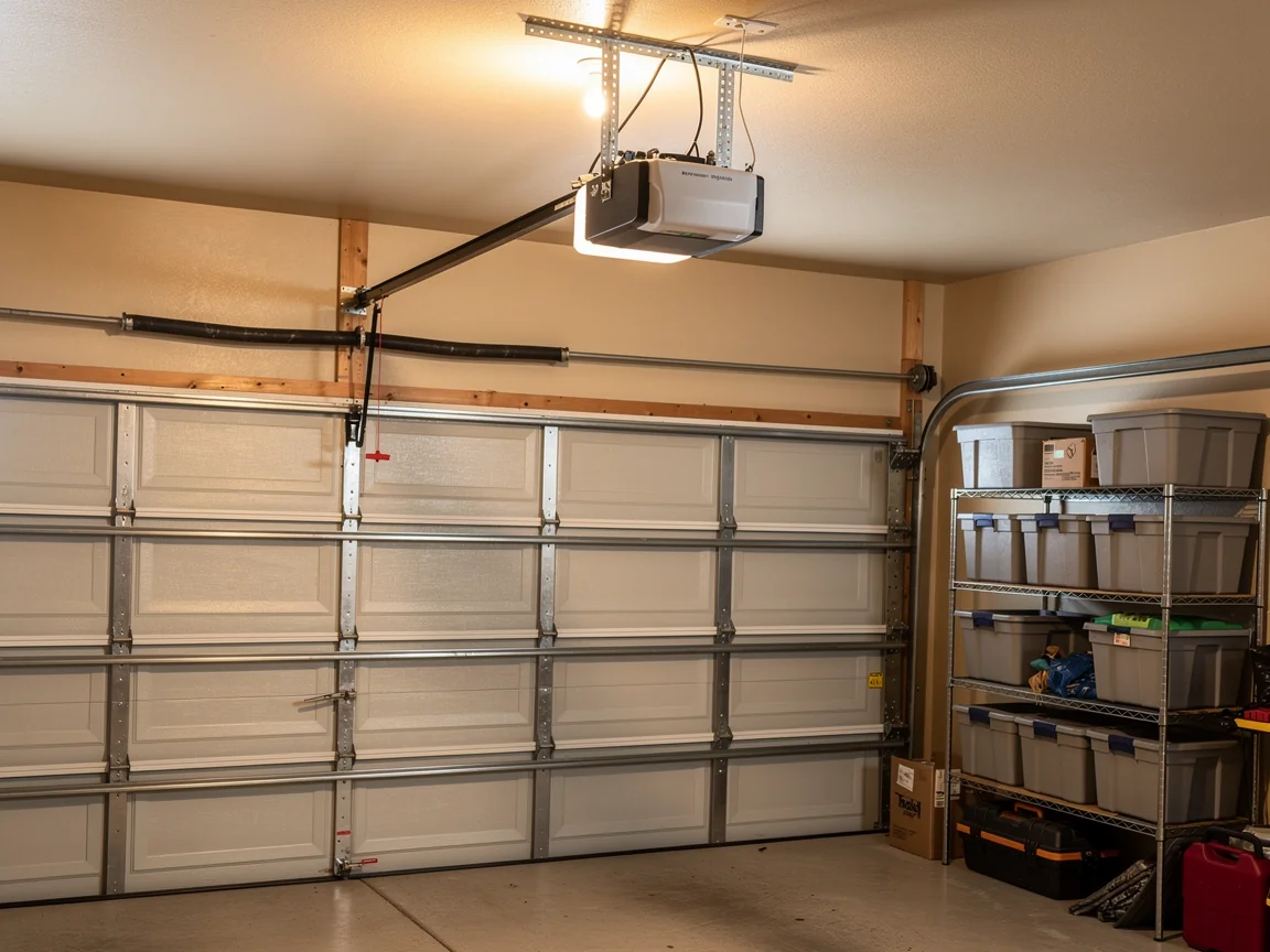 A white garage door is closed with an opener and a broken torsion spring visible.