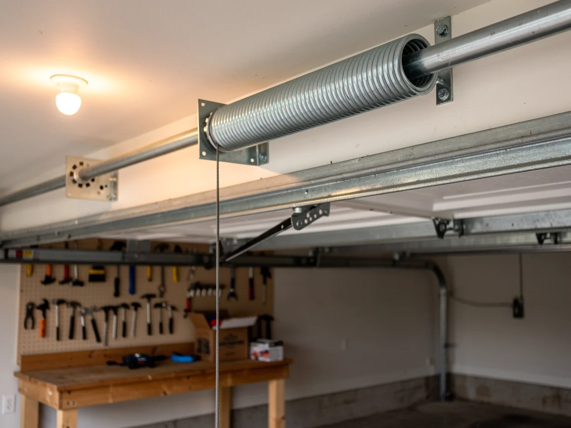 A garage door torsion spring is mounted above the open garage door.