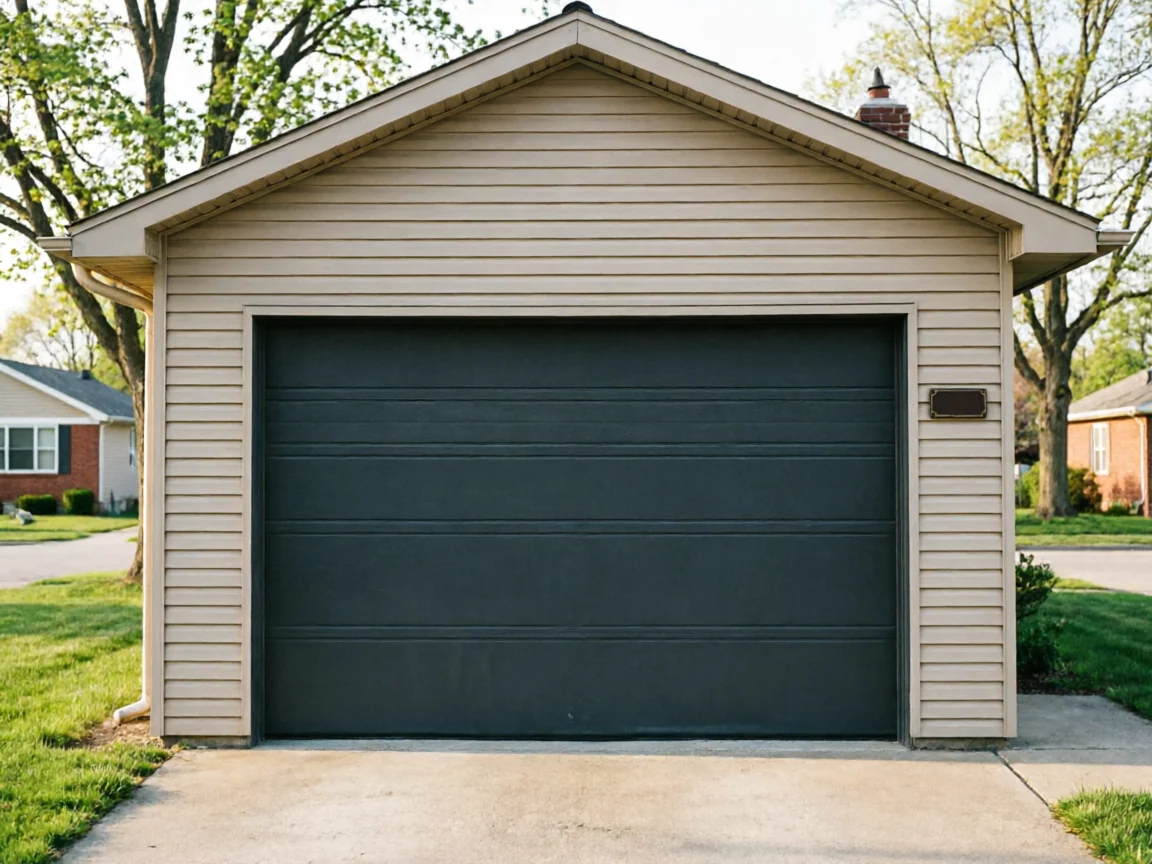 A single-car garage with tan siding and a dark gray garage door.