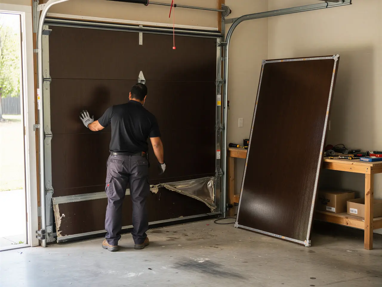 A technician works on a damaged brown garage door with a panel removed.